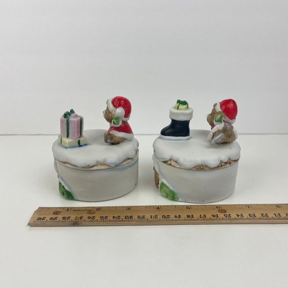 Vtg 2 Homco Christmas Holiday Teddy Bears Trinket Box Round Porcelain w Lid Deco - Picture 5 of 11